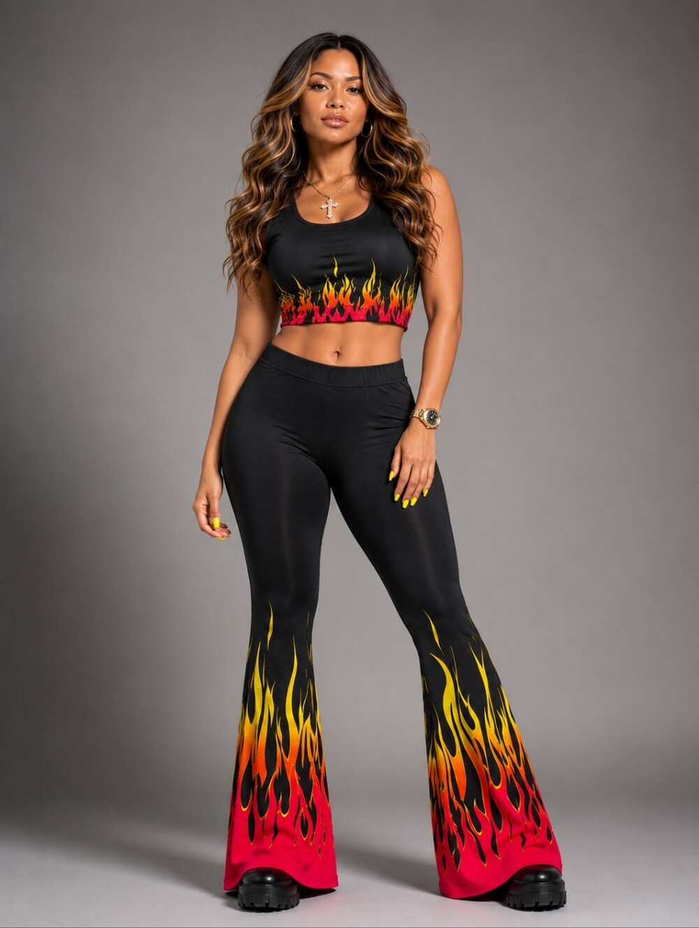 NEON FLAME STRETCH FLARE LEGGINGS WOMEN'S LARGE NWT